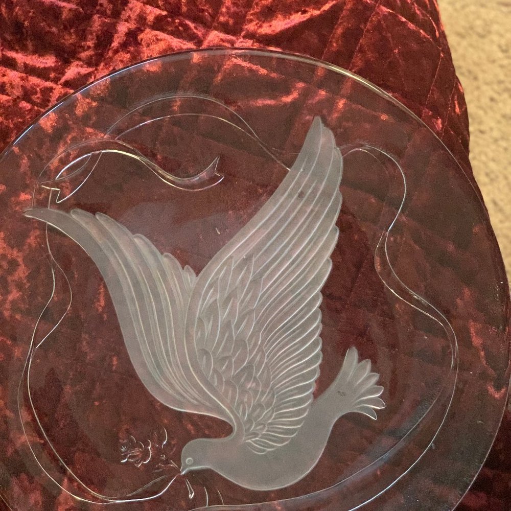 VINTAGE LE SMITH GLASS DOVE PLATTER 13x13